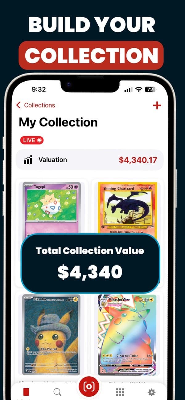 PokeScope My Collection screen with a live total collection value of $4,340