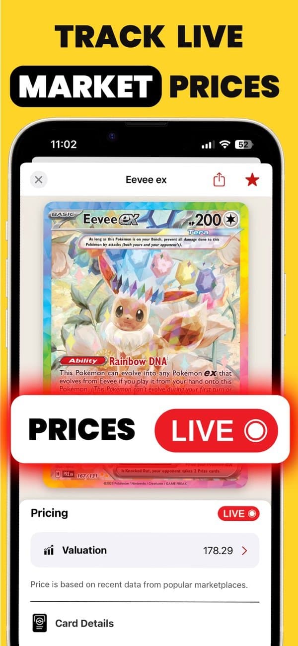 PokeScope card detail screen for Eevee ex with a live market valuation of $178.29