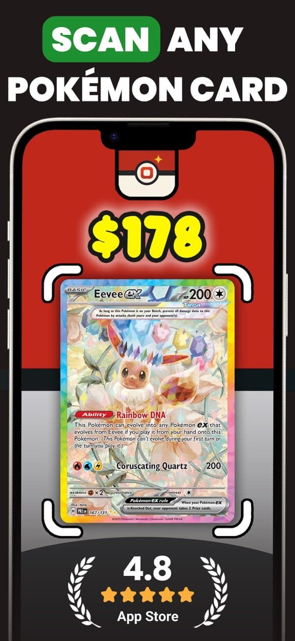 PokeScope scanning an Eevee ex card and showing its $178 value on the camera screen